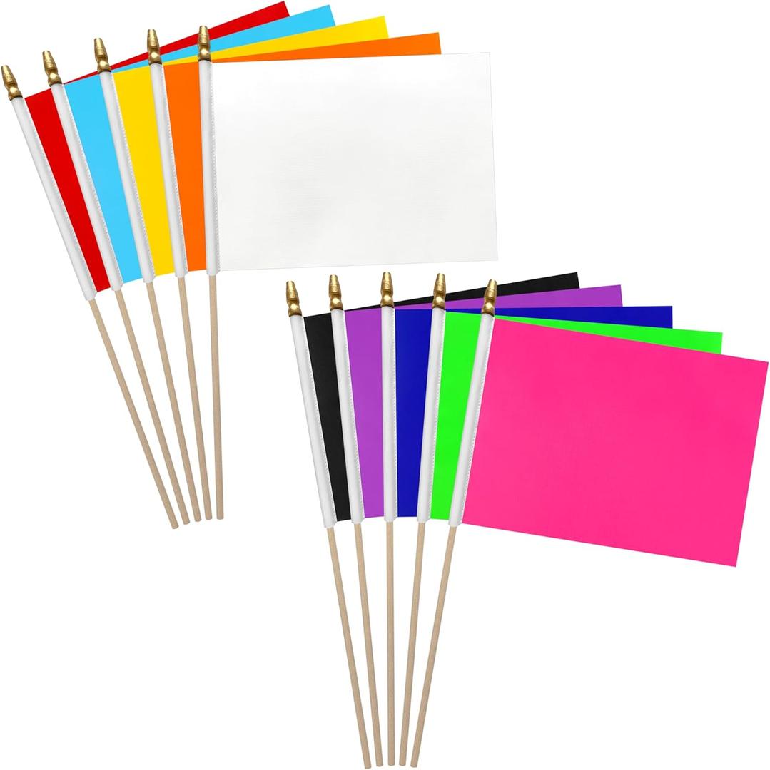12Pcs 812 Inch Red White Blue Black Orange Yellow Green Purple Pink Flags Set on Wood Stick Small Mini Solid Color Blank Sublimation Handheld Flags for DIY Graffiti