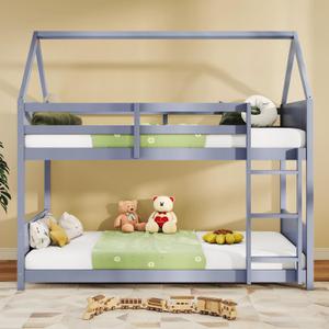 Bunk Bed Twin Over Twin, Wood Bunk Bed Frame with Ladder, Full-Length Bed Rail, Slats, House Shaped Bunk Bed Frame for Dormitory and Bedroom, Space Saving, No Box Spring Needed, Grey