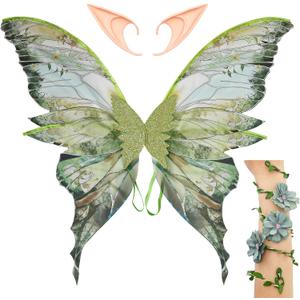 Fairy Wings Costume Set for Adults - Cosplay Accessories Butterfly Wings with Elf Ears, Fairy Flower Arm Wrap for Halloween (Green)