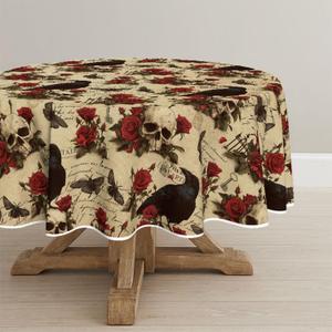 Horaldaily Halloween Tablecloth 6060 Inch Round, Crow Skeleton Roses Washable Table Cover for Party Picnic Dinner Decor (Black/Beige)