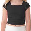 Girls Short Sleeve Crop Tops: Summer Square Neck Side Drawstring Tees Summer Casual T Shirts, Size 9-10 Years (Black)