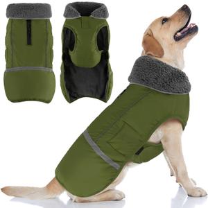 Doglay Dog Coat, Waterproof Dog Jacket Pet Winter Coat for Cold Weather with Thicken Furry Collar, Reflective Puppy Winter Jacket Warm Fleece Lining for Small Medium Large Pets (M(Chest : 15.75-23.6" , Back : 13.38"), Army Green)