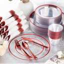 Goodluck 700 Piece Red Plastic Dinnerware Set for Party, Clear Disposable Plates for 100 Guests, Include: 100 Dinner Plates, 100 Dessert Plates, 100 Pre Rolled Napkins with Cutlery Set, 100 Cups