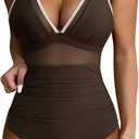 SUUKSESS Women Slimming Tummy Control One Piece Swimsuits Sexy Mesh High Waisted Monokini Bathing Suits (Brown White, XL)