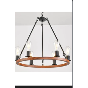 Wagon Wheel Chandelier 25-Inch 6-Light,Small Round Rustic Farmhouse Chandelier Metal Circle Chandeliers for Dining Room Living Room High Ceilings,Wood-Grain Surface