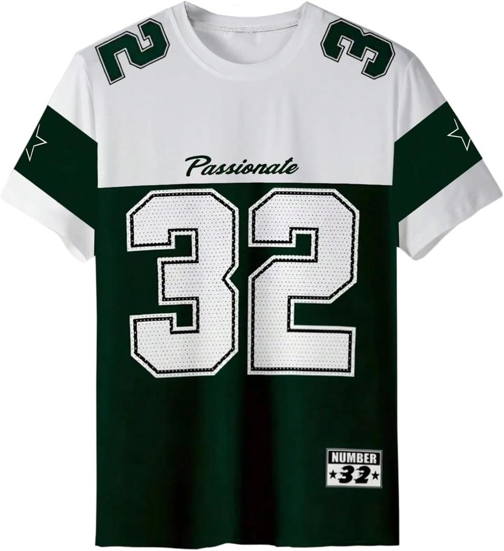 Men's Sports Jersey Shirt Short Sleeve Number Graphic Tees Colorblock Crewneck T Shirts (White, XXL)