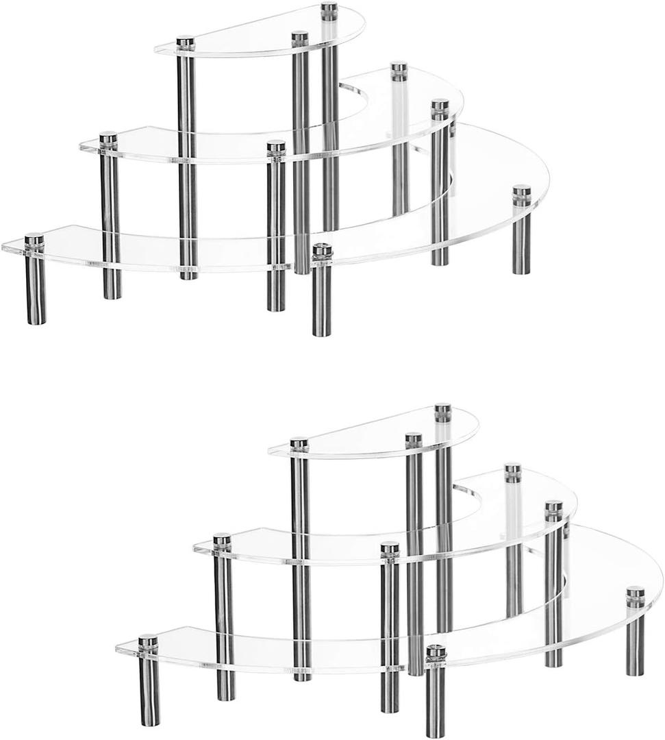 YestBuy 2 Pack Acrylic Risers Display Stand for Pop Figure, 3 Tier Clear Acrylic Cupcake Stand, Half Moon Dessert Stand for Display Or Collections (Advertising Nail) (Silver)