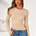 PRETTYGARDEN Womens Long Sleeve Shirts 2026 Fall Trendy Crewneck Slim Fit Asymmetrical Going Out Tops Ruched Tee Y2k Clothes (XL)