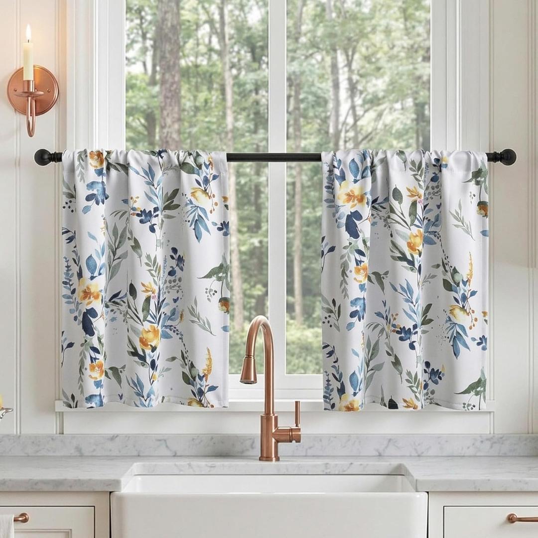 MYSKY HOME Floral Kitchen Tier Cafe Curtains 24 Inch Length 2 Panels Privacy Small Window Treatments Rod Pocket for Bathroom Basement, Yellow and Blue, 30 inch Wide