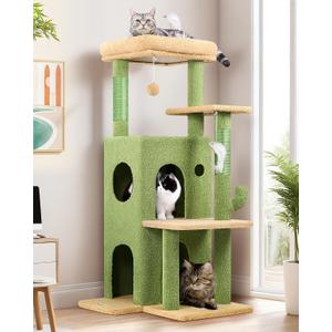 Globlazer Cactus Cat Tree Tower for Indoor Cats, 50-inch Adult Cat Tree House for Large Adult Cats with Steps, Scratching Post, 2 Cat Caves, Dangling Toys, FC50, Green
