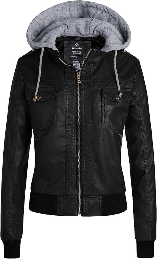 wantdo Women's Lightweight Leather Jacket Casual Motorcycle PU Biker Coat with Removable Hood, Size M