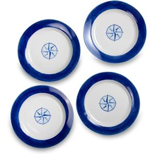 Euro Ceramica Ahoy Nautical Compass Dinner Plates, Blue and White, Set of 4
