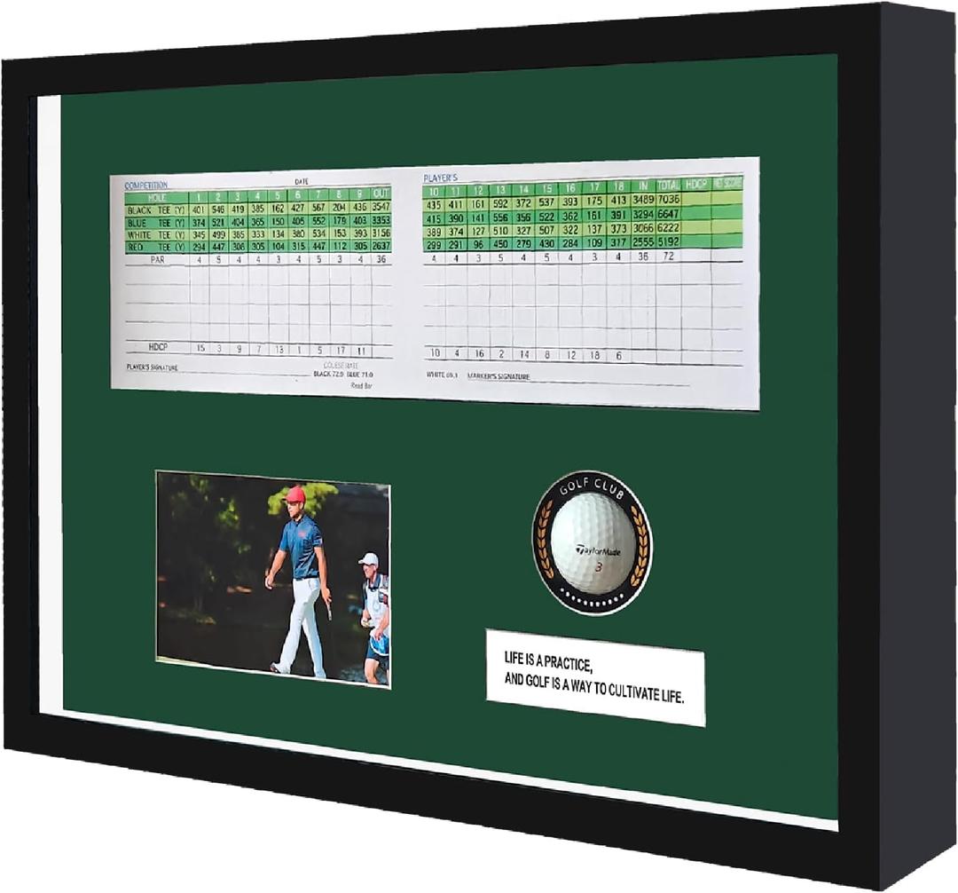12x17in Black Soild Wood Golf Scorecard Golf Ball and Photo Frame, 12.6 x 17.4 x 2.6"