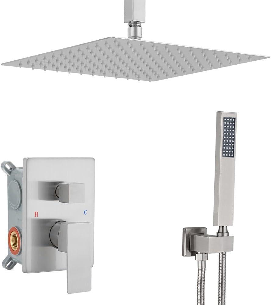 12 Inch Ceiling Mount Brushed Nickel Shower System Bathroom Luxury Rain Mixer Shower Combo Set Ceiling Rainfall Shower Head System (Contain Shower Faucet Rough-in Valve Body and Trim Kit)