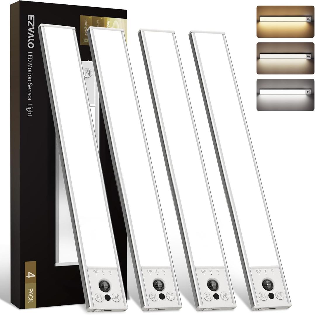 EZVALO 16.5inch Under Cabinet Lighting, 4000mAh Rechargeable Motion Sensor Light Indoor, with Dimmable & 3 Color Temps, Magnetic Closet Lights, Wireless Under Counter Lights for Kitchen (4-Pack) (White)