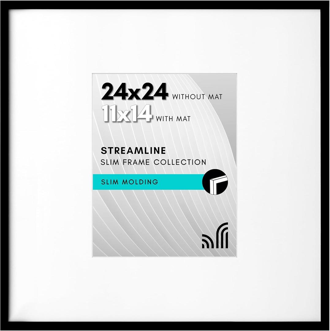 Americanflat 24x24 Picture Frame with Polished Plexiglass - Use as 11x14 Frame with Mat or Display 24x24 Photo Without Mat - Streamline Collection - Thin Border Square Frames for Wall Display - Black