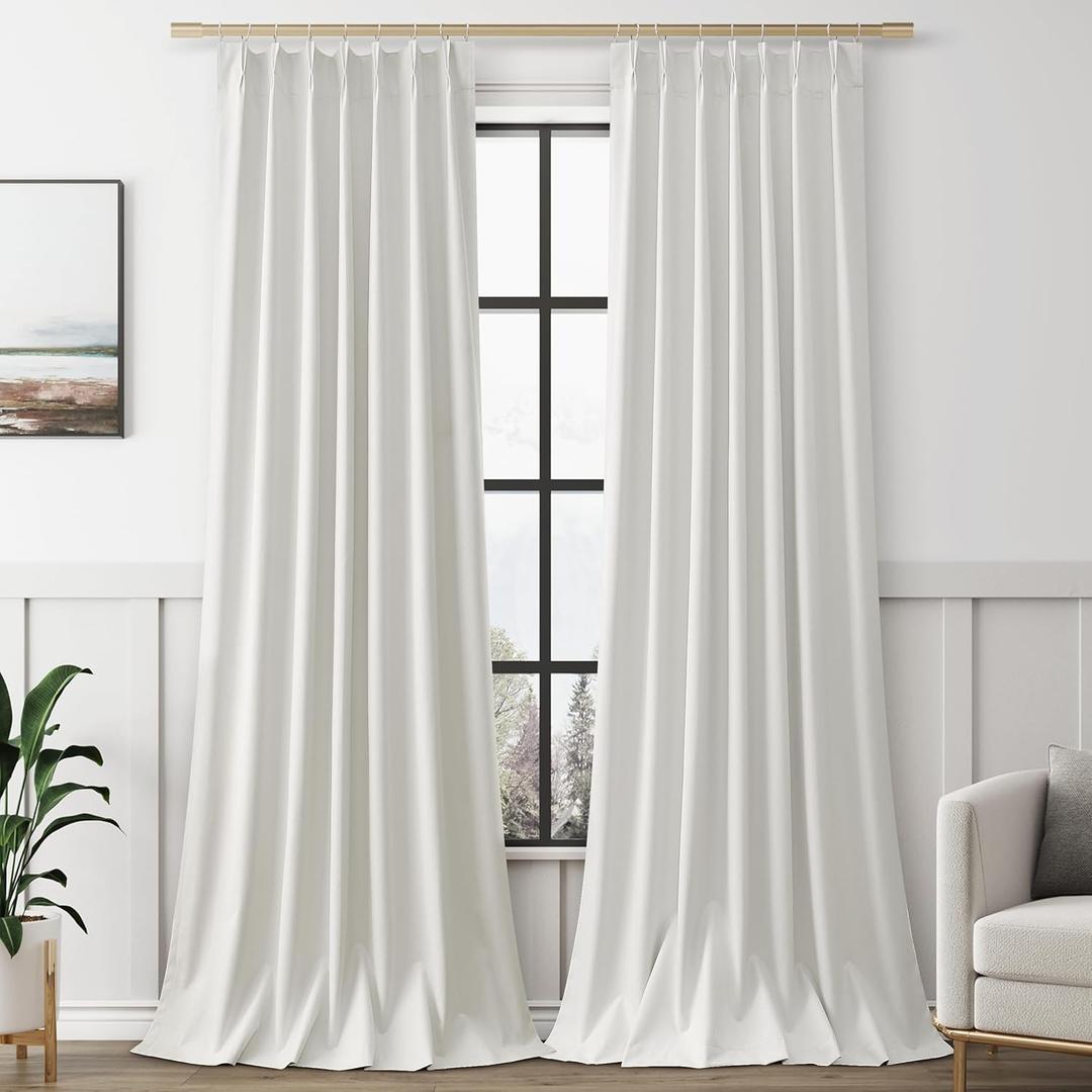 Ivory 100% Blackout Pinch Pleated Linen Curtains 102 Inches Long for Living Room Bedroom Pinch Pleat with Hooks Back Tab Linen Drapes Thermal Insulated Room Darkening 102 Inch Length 40x102