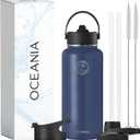 Oceania Flask 22oz Stainless Steel Water Bottles | Modern, Leakproof, Hydro BPA-Free, Insulated Water Bottle with 3 Lids, 3 Straws & 2 Straw Cleaning Brushes | Simple Camping & Hiking Water Bottles (Navy)