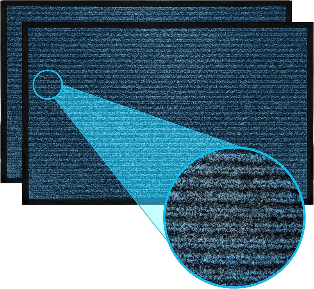 LuxUrux 2-Pack Durable Rubber Door Mats - Waterproof, Low-Profile, Indoor/Outdoor Entry Rugs for Entry, Patio, Garage - Striped Blue Design (23'' x 35'')
