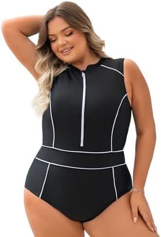 Curvtide Women's One Piece Swimsuit s Plus Size Athletic Swimwear Sleeveless Stand Collar Zipper Front Sports Bathing Suits L, 14-16