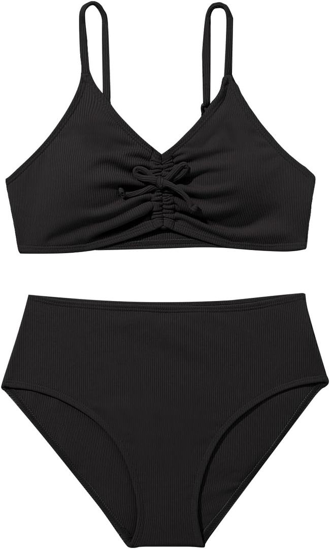 Milumia Girl's 2 Piece Swimsuit V Neck Spaghetti Strap Bathing Suit Bikini Set Swimwear (Black)