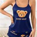 SweatyRocks Women's Cute Bear Print Satin Paiama Sets Silky Cami Top and Shorts 2 Piece Pajamas Set (Blue, M)
