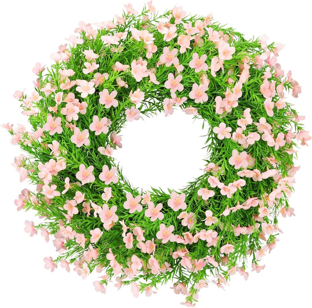 24 Inch Pink Artificial Forsythia Silk Floral Front Door Wreath | Vibrant pink silk flower summer wreath, decor for wall, window, farmhouse indoor & outdoor home decoration