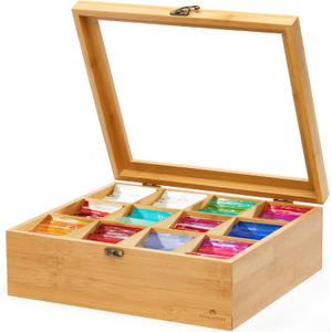 RoyalHouse Big Natural Bamboo Tea Storage Organizer with Clear Acrylic Top Window, 12 Compartments Eco-Friendly Tea Bag Holder, Multi-Functional Storage Box