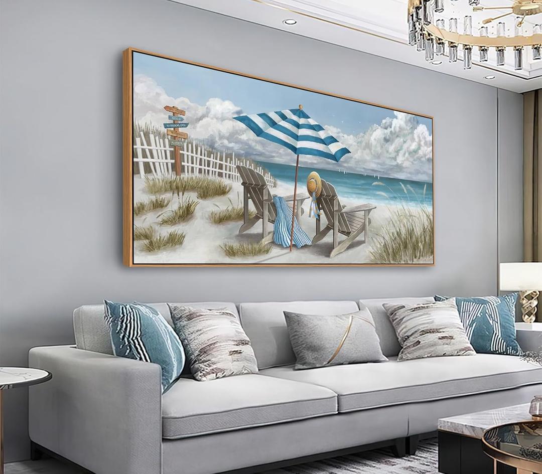 Shoci Summer Beach Wall Art - Natural Float Framed Large Blue Sky White Cloud Canvas Picture for Living Room Ocean Beach Painting Prints Peaceful Life Artwork for Bedroom Home Office Decor 24" X 48"