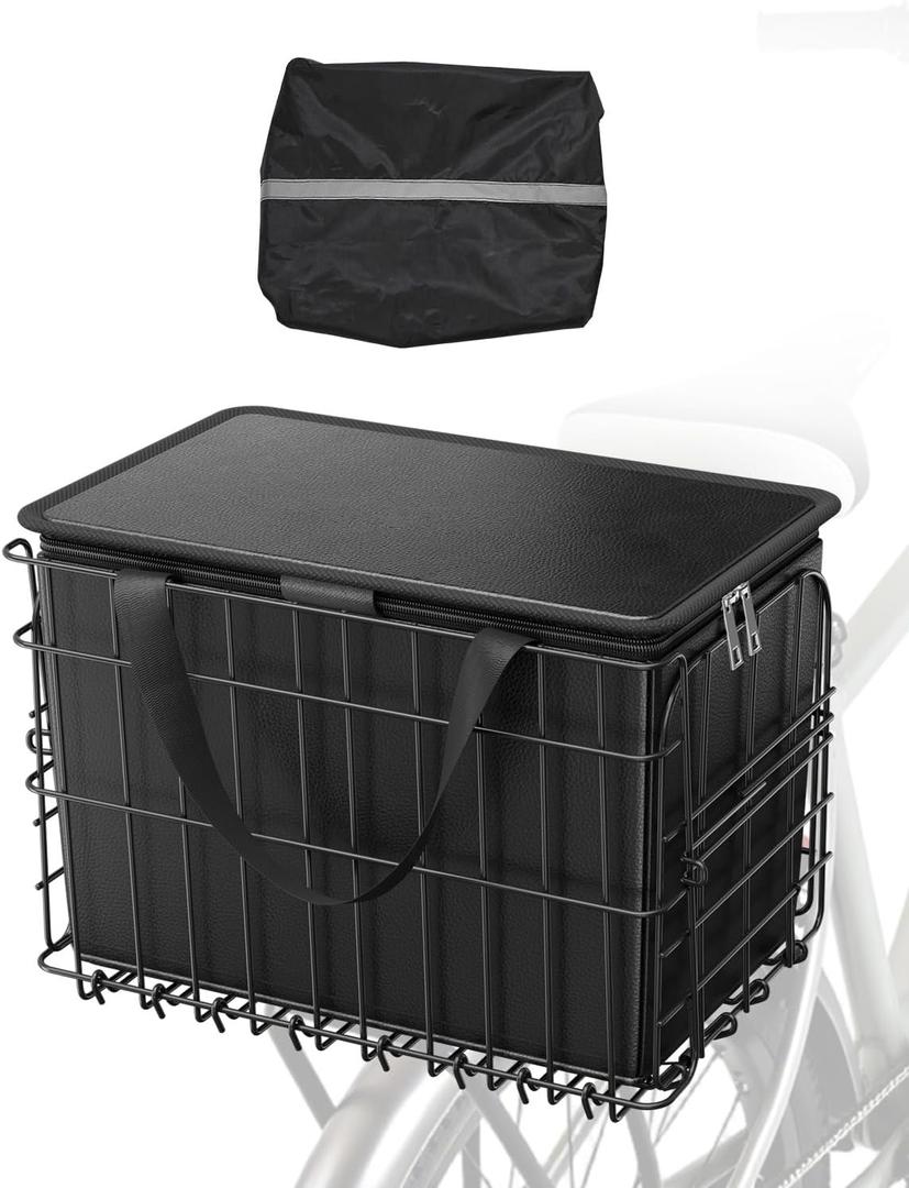 VEVOR Rear Bike Basket, Folding Wire Bicycle Basket with Cargo Net, Removable Liner Bag & Waterproof Cover, Quick Release Design Bike Basket for Adult Women/Men Carrying Dogs Pets Fruit & Grocery