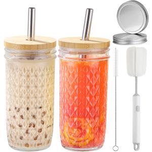 2 Pcs Glass Cups Set - 24oz Mason Jar Drinking Glasses with Bamboo Lids & Straws & 2 Airtight Lids, Cute Reusable Smoothie cup, Iced Coffee Glasses, Travel Tumbler for Bubble Tea, Juice