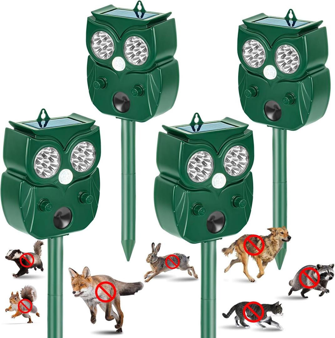 Solar Ultrasonic Animal Repellent Outdoor, 4Pack Waterproof Deer Repellent Devices with RIP Motion Sensor, Cat Repellent with LED Flashing Lights, Raccoons, Skunks, Rabbits Deer Deterrent Outdoor