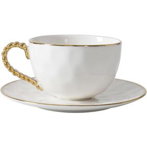 Pampa Bay Golden Salerno Teacup and Saucer, 7" x 7" x 3.25" (White with Gold)