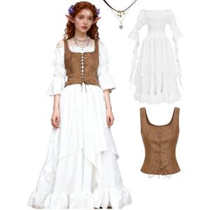 kasahara Womens Renaissance Costume Set Medieval White Dress Lace-Up Vest & Vintage Necklace for Medieval Events (2XL/3XL, Brown)