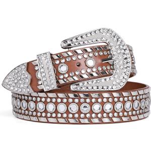 SUOSDEY Rhinestone Belt for Men Women Western Cowboy Cowgirl Bling Studded Leather Belt for Jeans Pants (S: fits pants size 28-32, 05-brown)