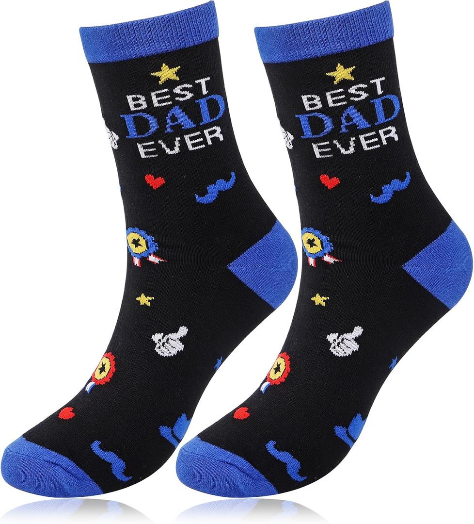 HOWAF Novelty Socks for Dad - Best Dad Ever Themed Crew Socks, Funny Father's Gifts from Daughter Son, Fits Men's Shoe Size 8-12, Fathers Day Sock for Daddy Stepdad Papa, Blue and Black (Black)