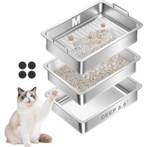 Stainless Steel Sifting Cat Litter Box for Clumping Clay Litter with High-Speed Sifting System, Large Metal Litter Box with 2 Replaceable Bottom Pans, Odor Control，Easy Clean(17.7” x 13.7” x 5.9”)