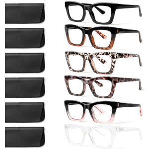 6 Pack Oprah Style Reading Glasses for Women Blue Light Blocking Computer Square Readers with Spring Hinge (Mix Color-8, 1.75x)