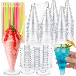 Roshtia 100 Pcs Plastic Snow Cone Cups with Stand and Straws Set Include 6 oz Clear Reusable Leakproof Shaved Ice Cups and Spoons Straws Party Supplies for Cocktail Dessert Appetizer Wedding Birthday