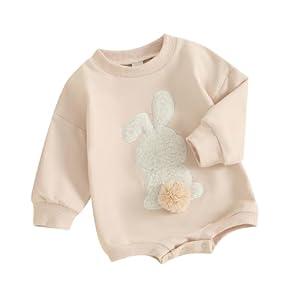2 x MOBJVIY Toddler Baby Girl Clothes Cute Bunny Embroidery Long Sleeve Sweatshirt Romper Newborn Girl Boy Easter Outfit (Khaki, 12-18 Months)