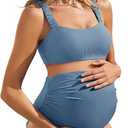 Summer Mae Ribbed Maternity Bikini Swimsuit for Women High Waisted Two-Piece Bathing Suit Crop Top Pregnancy Swimwear Tropical Blue 8