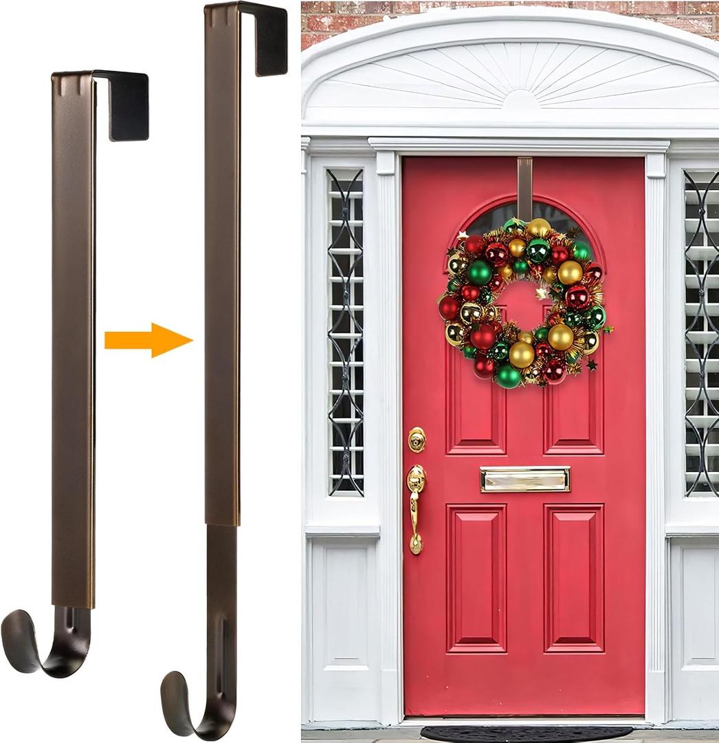 Wreath Hanger,Adjustable Length 14.9-25 Inch Metal Door Hanger,Wreath Hanger for Front Door 20 lbs Larger Christmas Wreaths Decorations Hook (Brown)