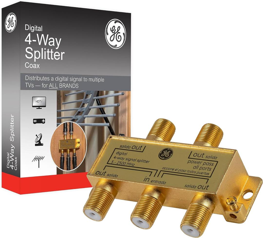 GE Digital 4-Way Coaxial Cable Splitter, 2.5 GHz 5-2500 MHz, RG6 Compatible, Works with HD TV, Satellite, High Speed Internet, Amplifier, Antenna, Gold Plated Connectors, Corrosion Resistant, 33527 (1 Pack)