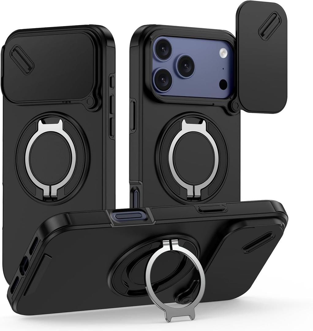 for iPhone 17 Pro Max Case with Phone Grip Holder Adjustable Kickstand & Camera Slide Cover, Slim Military Grade Drop Protection Rugged Shockproof Protective Cell Phone Cover 6.9 Inch, Black