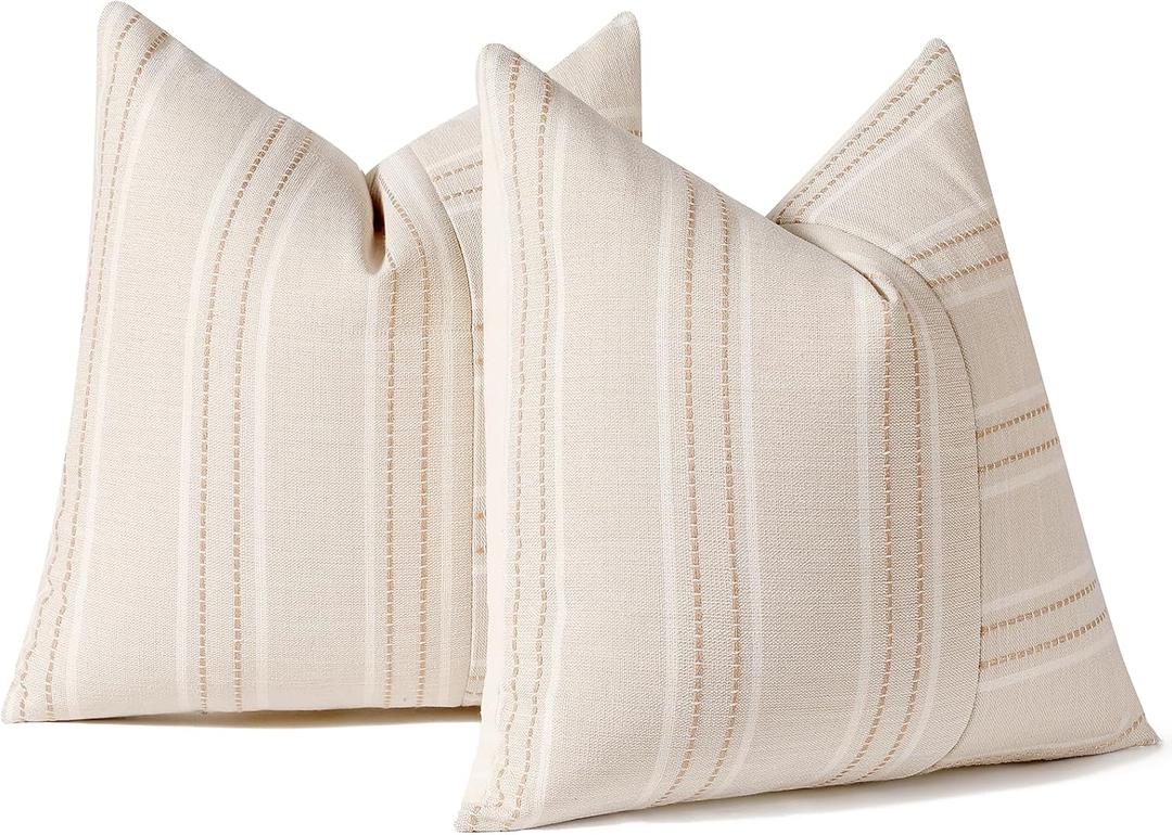 Hckot Decorative Throw Pillow Covers 18x18 Textured Striped Pillow Covers Linen Farmhouse Decor Cushion Covers for Couch Bed Living Room Sofa, Khaki