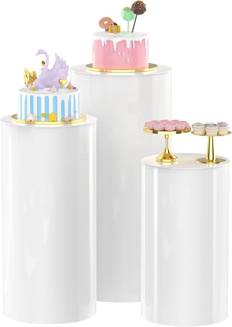 Putros Cylinder Pedestal Stands 3Pcs White Round Cylinder Pedestal Display Plinth Pillars for Wedding Party Decor 35.4''(L),29.5''(M),23.6''(S)
