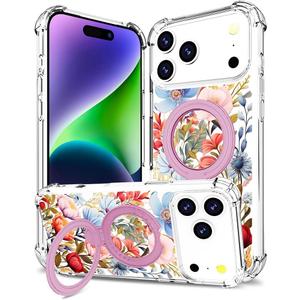 for iPhone 17 Pro Case Magnetic Clear Design,Compatible with MagSafe,Kickstand Vertical/Horizontal,Shockproof Airbag Bumpers Phone Cover - Red Rose Peony Floral