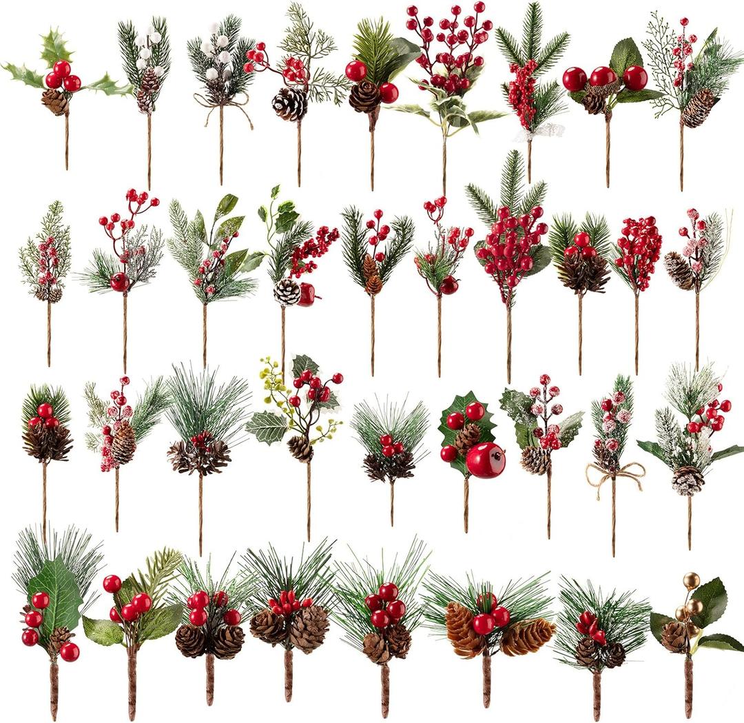 Yunsailing 37 Pcs Artificial Christmas Tree Picks Faux Cedar Holly Pine Stems with Red Berries Christmas Tree Picks Decorations for Xmas Winter Holiday DIY Crafts Wreath(Classic)