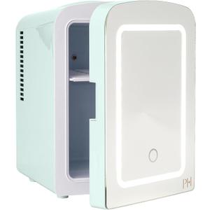 Paris Hilton Mini Refrigerator and Personal Beauty Fridge, Mirrored Door with Dimmable LED Light, Thermoelectric Cooling and Warming Function for All Cosmetics and Skincare Needs, 4-Liter, Aqua