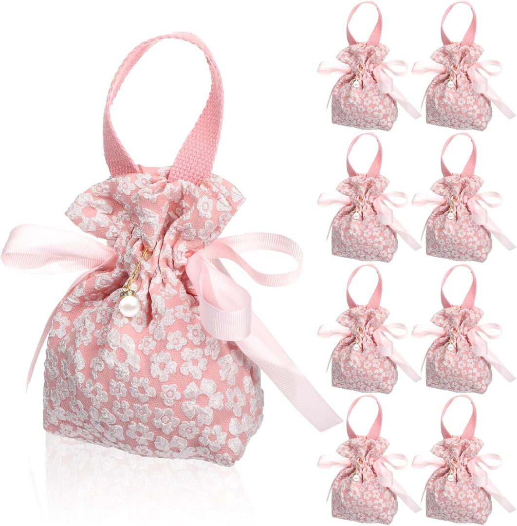 Liobelon 8 Pieces Small Floral Gift Bags, Canvas Pink Gift Bags, Tea Party Favor Bags With Handle, Mini Drawstring Treat Gift Pouches for Baby Shower, Bridal Shower, Birthday, Wedding (pink)